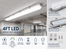 4-FT LED Vapour-Tight Light – 25W–50W, 5CCT, Integrated Sensor